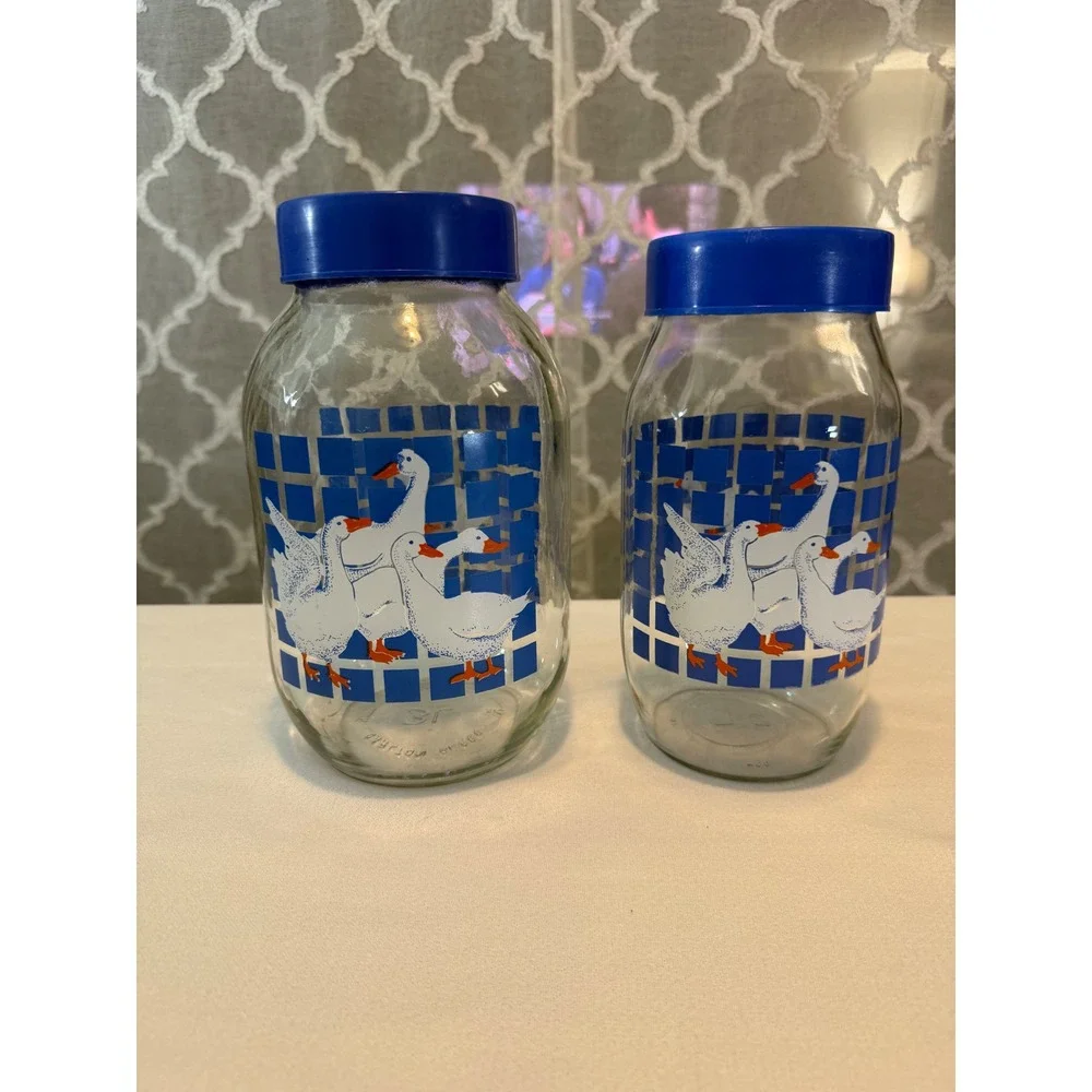 Vintage Country Geese Glass Canister Set 1L 3L Blue Checkered Jars with Lids